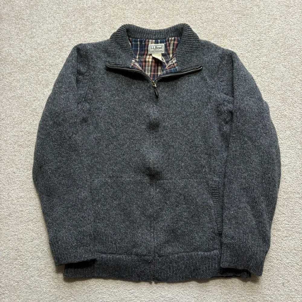 L.L.Bean Sweater LT 20x26 Gray‎ Lambswool Full Zip Mock Neck Plaid Lined Warm